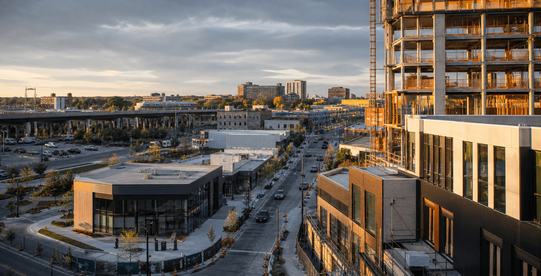 A commercial district with active construction, new buildings, and public infrastructure under development.